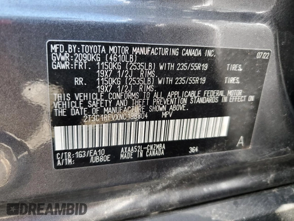 2022 Toyota RAV4 XLE Premium with VIN 2T3C1RFVXNC198804, listed as a Copart auction lot 52865365 with 50,677 mi miles and Non repairable. Bid and sale history available at DreamBid. Image 13.