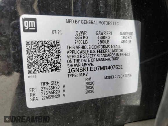 2021 Chevrolet Tahoe Commercial with VIN 1GNSKLED7MR407631, listed as a Copart auction lot 89056755 with Not provided miles and Salvage title. Bid and sale history available at DreamBid. Image 13.