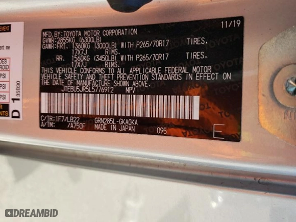 2020 Toyota 4Runner SR5 with VIN JTEBU5JR5L5776912, listed as a Copart auction lot 50933113 with 84,455 mi miles. Bid and sale history available at carsss.com. Image 14.