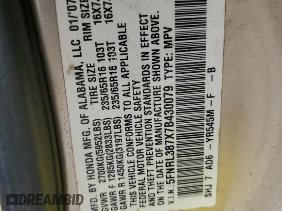 2007 Honda Odyssey EX-L with VIN 5FNRL387X7B430079, listed as a Copart auction lot 52916175 with 181,959 mi miles and Salvage Title. Bid and sale history available at carsss.com. Image 13.
