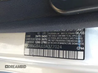 2003 Mercedes-Benz S-Class 5.0L with VIN WDBNG84J03A377024, listed as a IAAI auction lot 41749903 with 114,096 mi miles. Bid and sale history available at carsss.com. Image 9.