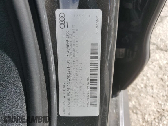 2016 Audi A6 Premium Plus with VIN WAUFGAFC4GN057387, listed as a Copart auction lot 49078355 with 99,493 mi miles and Salvage Title. Bid and sale history available at DreamBid. Image 14.