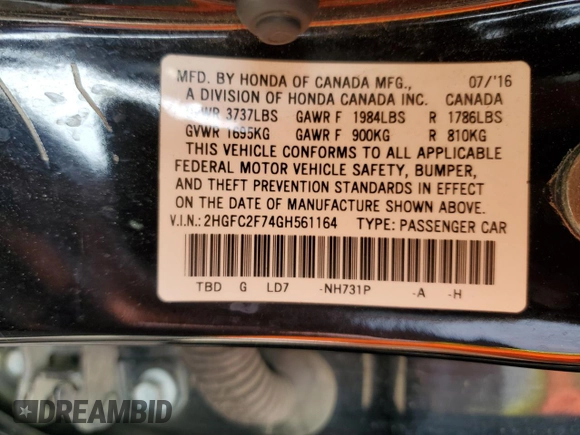 2016 Honda Civic EX with VIN 2HGFC2F74GH561164, listed as a Copart auction lot 54536215 with 86,445 mi miles and Salvage Title. Bid and sale history available at DreamBid. Image 12.