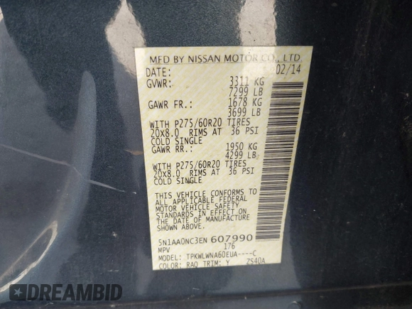 2014 Nissan Armada SV z VIN 5N1AA0NC3EN607990, wystawiony jako IAAI lot #41775889 z przebiegiem 146 422 mil mil oraz . Historia ofert i sprzedaży dostępna na DreamBid. Obrazek 9.