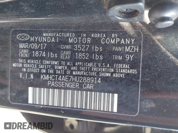 2017 Hyundai Accent SE with VIN KMHCT4AE7HU288914, listed as a IAAI auction lot 41571042 with Not Provided miles and . Bid and sale history available at carsss.com. Image 9.