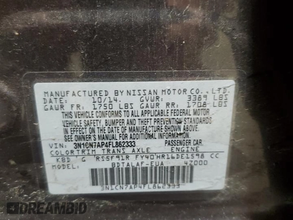 2015 Nissan Versa SV with VIN 3N1CN7AP4FL862333, listed as a Copart auction lot 52688375 with 213,707 mi miles and Salvage Title. Bid and sale history available at carsss.com. Image 12.