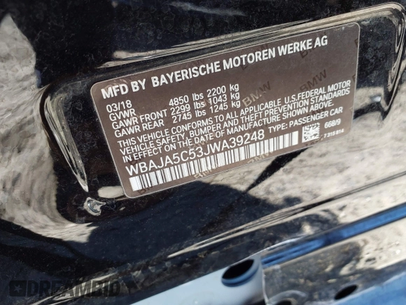 2018 BMW 5 Series 530i with VIN WBAJA5C53JWA39248, listed as a IAAI auction lot 41816164 with 80,747 mi miles and . Bid and sale history available at DreamBid. Image 9.
