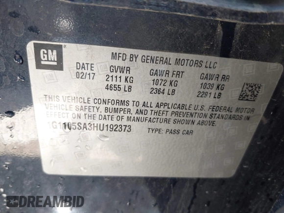 2017 Chevrolet Impala LT with VIN 1G1105SA3HU192373, listed as a IAAI auction lot 42096013 with 198,180 mi miles and . Bid and sale history available at DreamBid. Image 9.