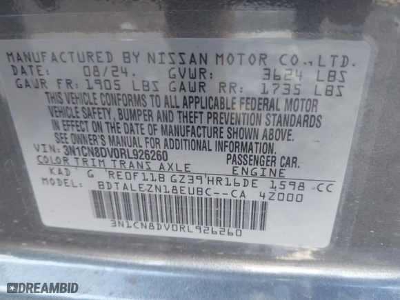 2024 Nissan Versa S with VIN 3N1CN8DV0RL926260, listed as a IAAI auction lot 41473135 with 1,498 mi miles. Bid and sale history available at carsss.com. Image 9.