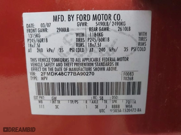 2007 Ford Edge SEL with VIN 2FMDK48C77BA90270, listed as a IAAI auction lot 40952827 with 0 mi miles. Bid and sale history available at carsss.com. Image 9.