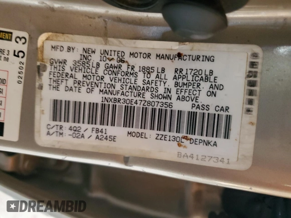 2007 Toyota Corolla CE с VIN 1NXBR30E47Z807356, выставлен на аукционе Copart как лот 60399765 с пробегом 162 856 миль миль и Списание • Salvage title. История ставок и продаж доступна на DreamBid. Изображение 13.