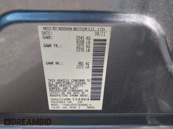 2021 Nissan LEAF SV with VIN 1N4AZ1CV0MC554964, listed as a IAAI auction lot 41649673 with 24,605 mi miles and . Bid and sale history available at DreamBid. Image 9.