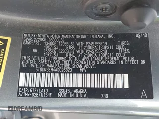 2010 Toyota Highlander Limited with VIN 5TDDK3EH4AS026823, listed as a IAAI auction lot 42165532 with 231,384 mi miles and . Bid and sale history available at DreamBid. Image 9.