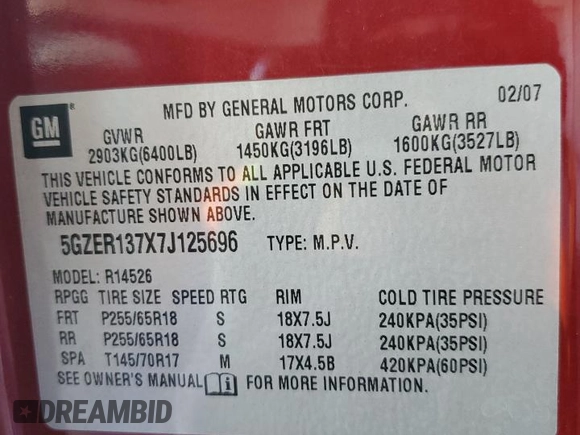 2007 Saturn Outlook XE z VIN 5GZER137X7J125696, wystawiony jako Copart lot #83236444 z przebiegiem Nie podano mil oraz Szkoda całkowita • Salvage title. Historia ofert i sprzedaży dostępna na DreamBid. Obrazek 13.
