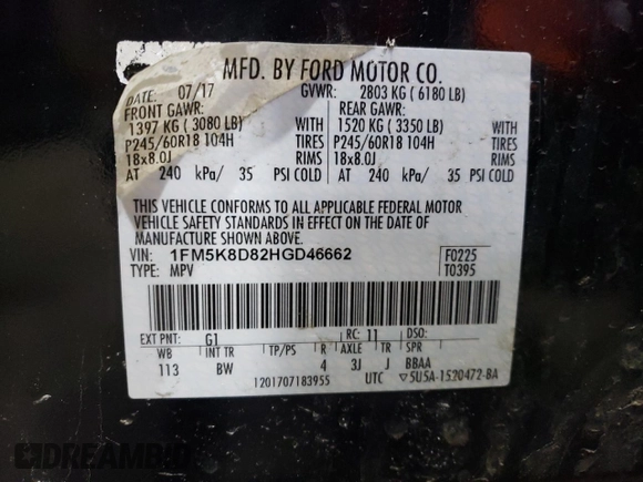 2017 Ford Explorer XLT with VIN 1FM5K8D82HGD46662, listed as a Copart auction lot 87269264 with Not Provided miles and Salvage Title. Bid and sale history available at DreamBid. Image 13.