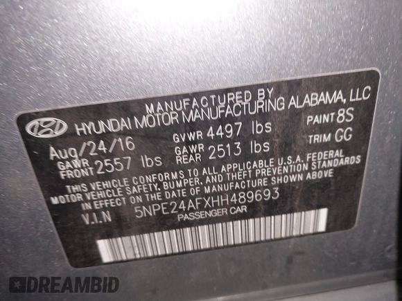 2017 Hyundai Sonata SE with VIN 5NPE24AFXHH489693, listed as a IAAI auction lot 41478117 with 115,043 mi miles. Bid and sale history available at carsss.com. Image 9.