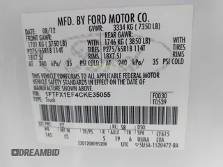 2012 Ford F-150 XL with VIN 1FTFX1EF4CKE35055, listed as a IAAI auction lot 42226098 with 227,790 mi miles and . Bid and sale history available at DreamBid. Image 9.