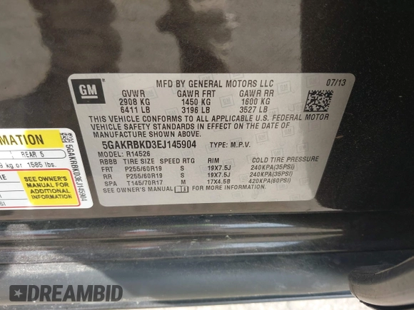 2014 Buick Enclave Leather with VIN 5GAKRBKD3EJ145904, listed as a IAAI auction lot 42019795 with 156,726 mi miles and . Bid and sale history available at DreamBid. Image 9.