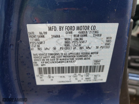 2009 Ford Escape XLT with VIN 1FMCU93G49KC81537, listed as a Copart auction lot 51544895 with 120,063 mi miles and Salvage Title. Bid and sale history available at carsss.com. Image 15.