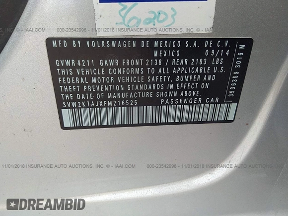 2015 Volkswagen Jetta S с VIN 3VW2K7AJXFM216525, выставлен на аукционе IAAI как лот 23542996 с пробегом 38 403 миль миль и . История ставок и продаж доступна на DreamBid. Изображение 9.