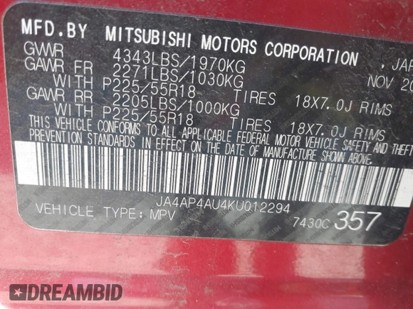 2019 Mitsubishi Outlander Sport SE 2.0 with VIN JA4AP4AU4KU012294, listed as a IAAI auction lot 41854316 with 64,900 mi miles. Bid and sale history available at carsss.com. Image 9.