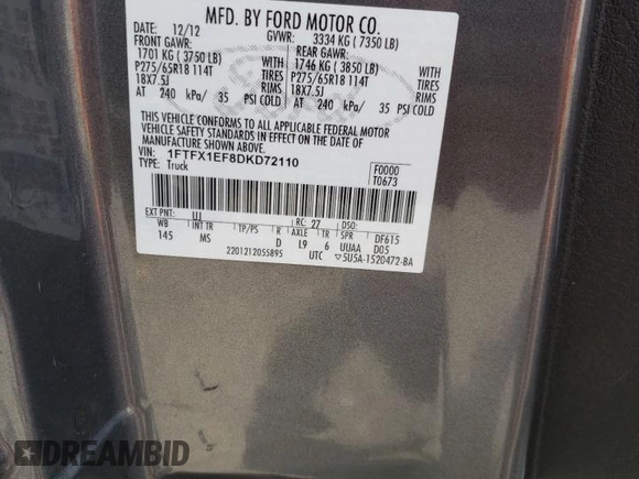 2013 Ford F-150 XL with VIN 1FTFX1EF8DKD72110, listed as a Copart auction lot 58377165 with 58,507 mi miles and Salvage title. Bid and sale history available at DreamBid. Image 12.