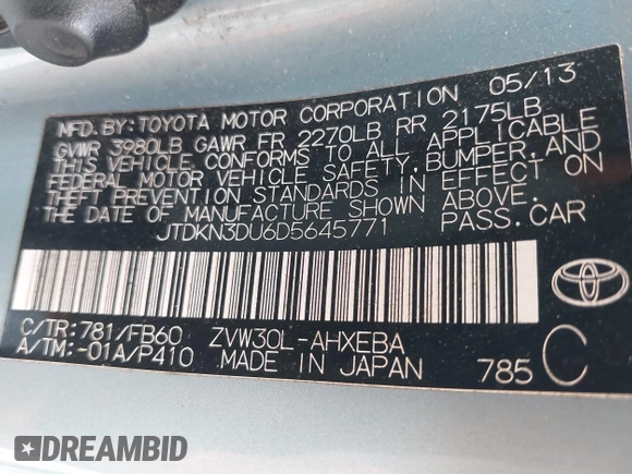 2013 Toyota Prius One with VIN JTDKN3DU6D5645771, listed as a IAAI auction lot 42231363 with 152,576 mi miles and . Bid and sale history available at carsss.com. Image 9.