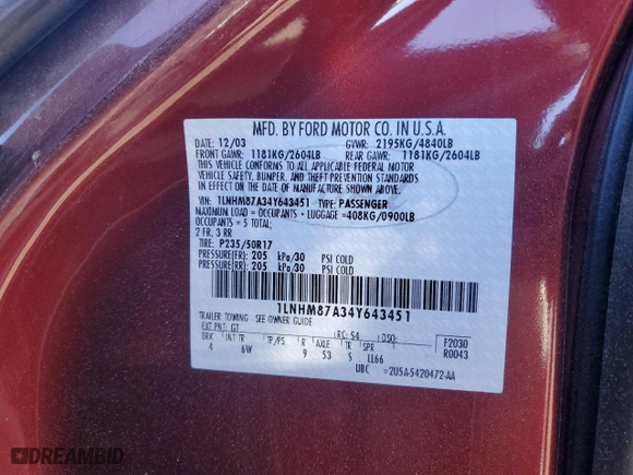 2004 Lincoln LS with VIN 1LNHM87A34Y643451, listed as a Copart auction lot 87735315 with 123,410 mi miles and Salvage Title. Bid and sale history available at carsss.com. Image 12.