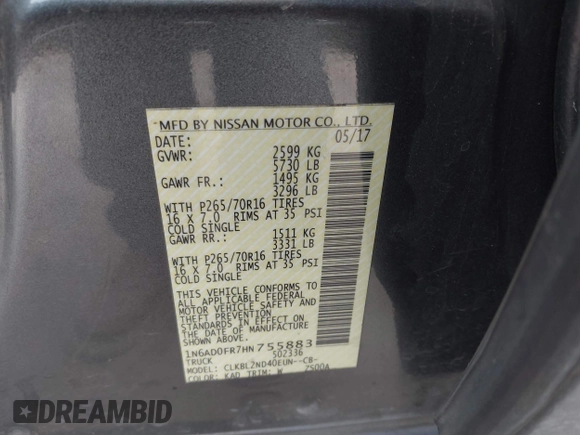 2017 Nissan Frontier SV with VIN 1N6AD0FR7HN755883, listed as a IAAI auction lot 41761353 with 80,151 mi miles and . Bid and sale history available at DreamBid. Image 9.