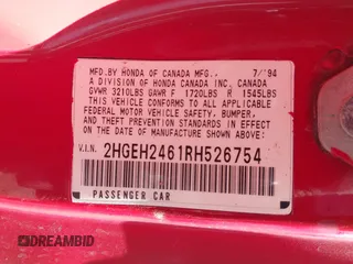 1994 Honda Civic with VIN 2HGEH2461RH526754, listed as a IAAI auction lot 42014893 with 254,475 mi miles and . Bid and sale history available at DreamBid. Image 9.