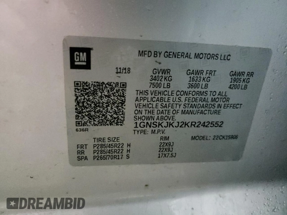 2019 Chevrolet Suburban Premier with VIN 1GNSKJKJ2KR242552, listed as a Copart auction lot 41894825 with 178,053 mi miles and Clean Title. Bid and sale history available at DreamBid. Image 13.