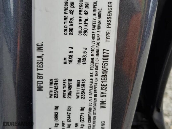 2019 Tesla Model 3 Long Range with VIN 5YJ3E1EB4KF510077, listed as a Copart auction lot 51124915 with 58,066 mi miles and Salvage Title. Bid and sale history available at carsss.com. Image 13.