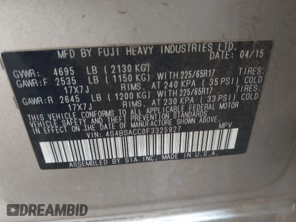 2015 Subaru Outback Premium with VIN 4S4BSACC0F3325927, listed as a IAAI auction lot 42450142 with 140,566 mi miles and . Bid and sale history available at DreamBid. Image 9.