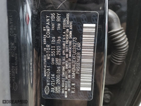 2015 Hyundai Genesis 3.8L with VIN KMHGN4JEXFU039273, listed as a Copart auction lot 45226855 with 0 mi miles and Salvage Title. Bid and sale history available at carsss.com. Image 12.