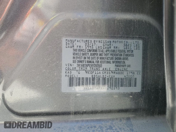2017 Nissan Sentra S with VIN 3N1AB7APXHY290593, listed as a Copart auction lot 60475705 with 324,599 mi miles and Salvage title. Bid and sale history available at DreamBid. Image 12.