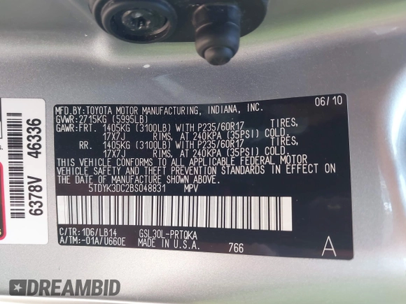 2011 Toyota Sienna XLE AAS with VIN 5TDYK3DC2BS048831, listed as a IAAI auction lot 42002556 with 231,906 mi miles and . Bid and sale history available at DreamBid. Image 9.