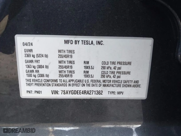 2024 Tesla Model Y Long Range with VIN 7SAYGDEE4RA271362, listed as a IAAI auction lot 41650528 with 13,005 mi miles. Bid and sale history available at carsss.com. Image 9.