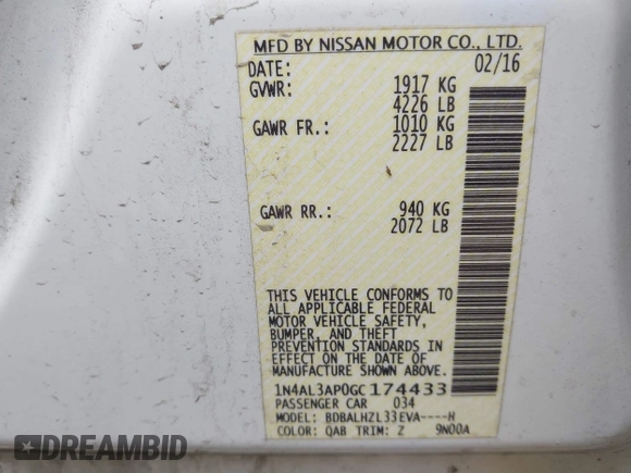2016 Nissan Altima S z VIN 1N4AL3AP0GC174433, wystawiony jako IAAI lot #42257840 z przebiegiem 122 158 mil mil oraz . Historia ofert i sprzedaży dostępna na DreamBid. Obrazek 9.
