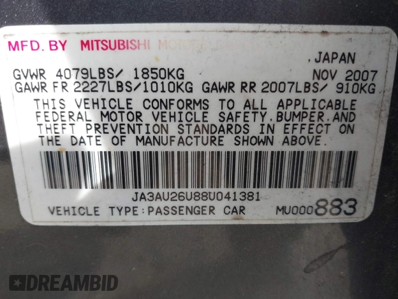 2008 Mitsubishi Lancer DE with VIN JA3AU26U88U041381, listed as a IAAI auction lot 42116334 with 151,044 mi miles and . Bid and sale history available at DreamBid. Image 9.