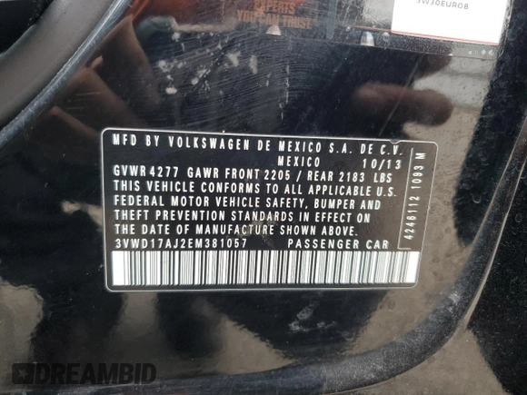 2014 Volkswagen Jetta SE with VIN 3VWD17AJ2EM381057, listed as a Copart auction lot 54267475 with 187,770 mi miles and Salvage title. Bid and sale history available at DreamBid. Image 12.