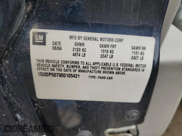2005 Cadillac CTS with VIN 1G6DP567950105421, listed as a Copart auction lot 56510004 with 184,986 mi miles and Clean Title. Bid and sale history available at DreamBid. Image 12.