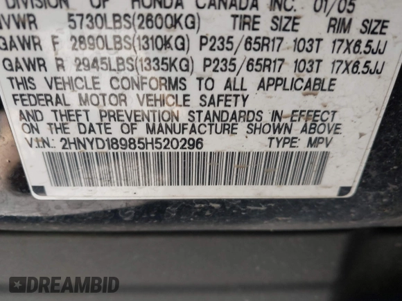 2005 Acura MDX Touring with VIN 2HNYD18985H520296, listed as a IAAI auction lot 41133862 with 173,318 mi miles. Bid and sale history available at carsss.com. Image 9.
