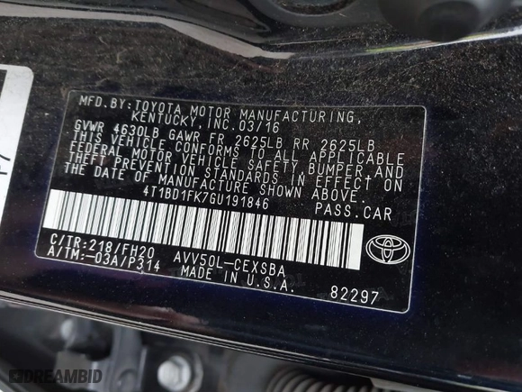 2016 Toyota Camry Hybrid LE with VIN 4T1BD1FK7GU191846, listed as a IAAI auction lot 41586583 with 207,569 mi miles. Bid and sale history available at carsss.com. Image 9.