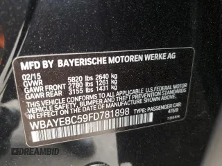 2015 BMW 7 Series 750Li with VIN WBAYE8C59FD781898, listed as a Copart auction lot 48712885 with 0 mi miles and Salvage Title. Bid and sale history available at carsss.com. Image 14.