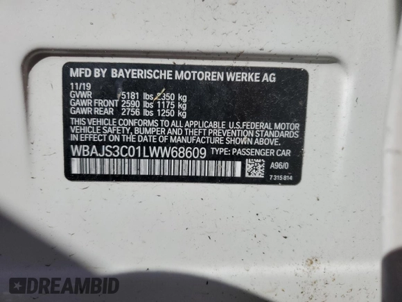 2020 BMW 5 Series 540i xDrive with VIN WBAJS3C01LWW68609, listed as a Copart auction lot 55895565 with Not provided miles and Salvage title. Bid and sale history available at DreamBid. Image 13.
