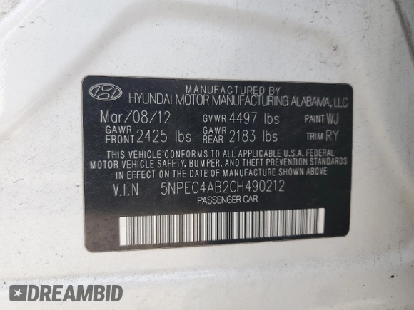 2012 Hyundai Sonata Limited z VIN 5NPEC4AB2CH490212, wystawiony jako Copart lot #59576655 z przebiegiem 144 183 mil mil oraz Szkoda całkowita • Salvage title. Historia ofert i sprzedaży dostępna na DreamBid. Obrazek 12.