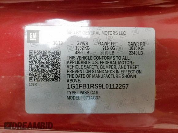 2020 Chevrolet Camaro 1LT with VIN 1G1FB1RS9L0112257, listed as a Copart auction lot 61071755 with 6,255 mi miles and Salvage title. Bid and sale history available at DreamBid. Image 12.