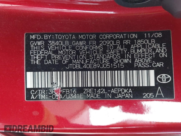 2009 Toyota Corolla with VIN JTDBL40E89J051515, listed as a IAAI auction lot 41744511 with 66,160 mi miles. Bid and sale history available at carsss.com. Image 9.