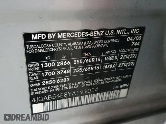 2000 Mercedes-Benz M 320/430/500 z VIN 4JGAB54E8YA191024, wystawiony jako Copart lot #42851745 z przebiegiem 85 059 mil mil oraz Czysty tytuł • Clean title. Historia ofert i sprzedaży dostępna na DreamBid. Obrazek 13.