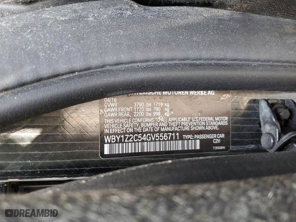2016 BMW i3 with VIN WBY1Z2C54GV556711, listed as a Copart auction lot 59826803 with 62445 miles. Bid and sale history available at carsss.com. Image 12.